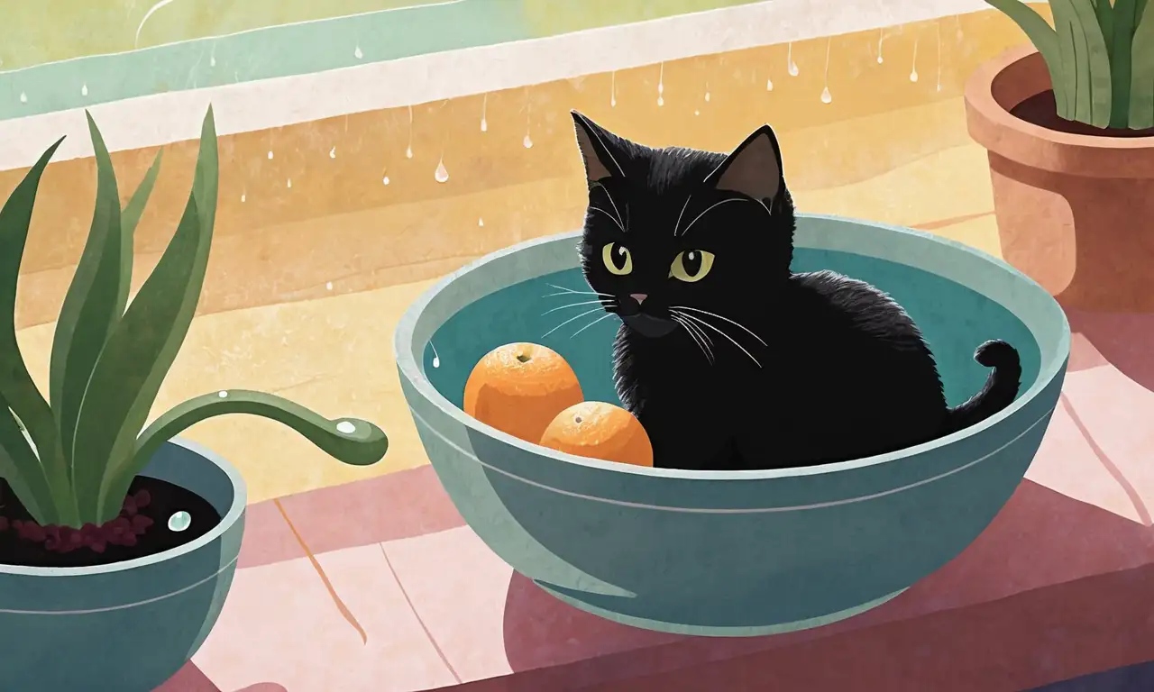 Un dibujo suave y armonioso de un gato con frutas y elementos naturales que evocan frescura