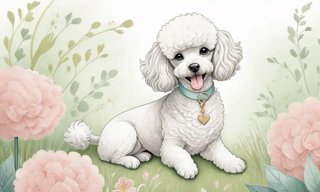 Dibujo delicado de un caniche mediano en un jardín, con pelaje suave y sombras sutiles que crean profundidad