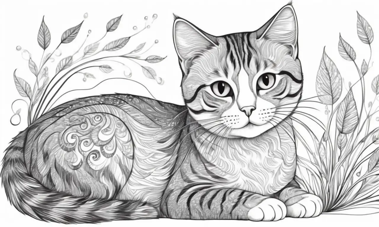 El dibujo muestra un gato elegante con pelaje suave, sombras sutiles y un fondo de hojas borrosas, transmitiendo movimiento y equilibrio