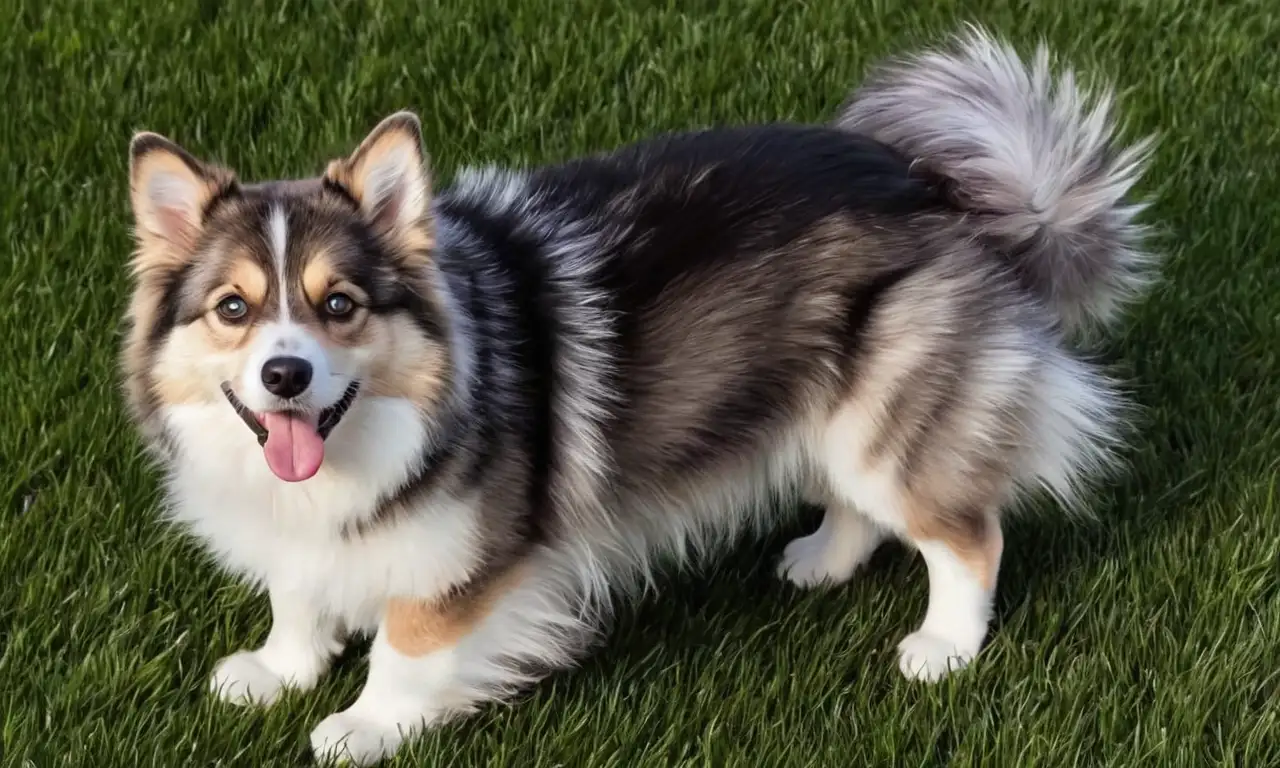 Un perro con pelaje suave y esponjoso, ojos sorprendidos, y un ambiente juguetón y difuso