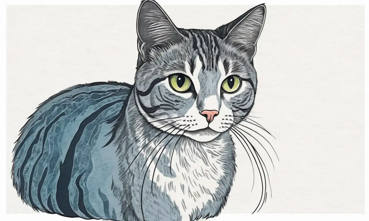 Un gato se presenta en un cuadro sereno y confuso con suaves trazos, sombras, y texturas detalladas