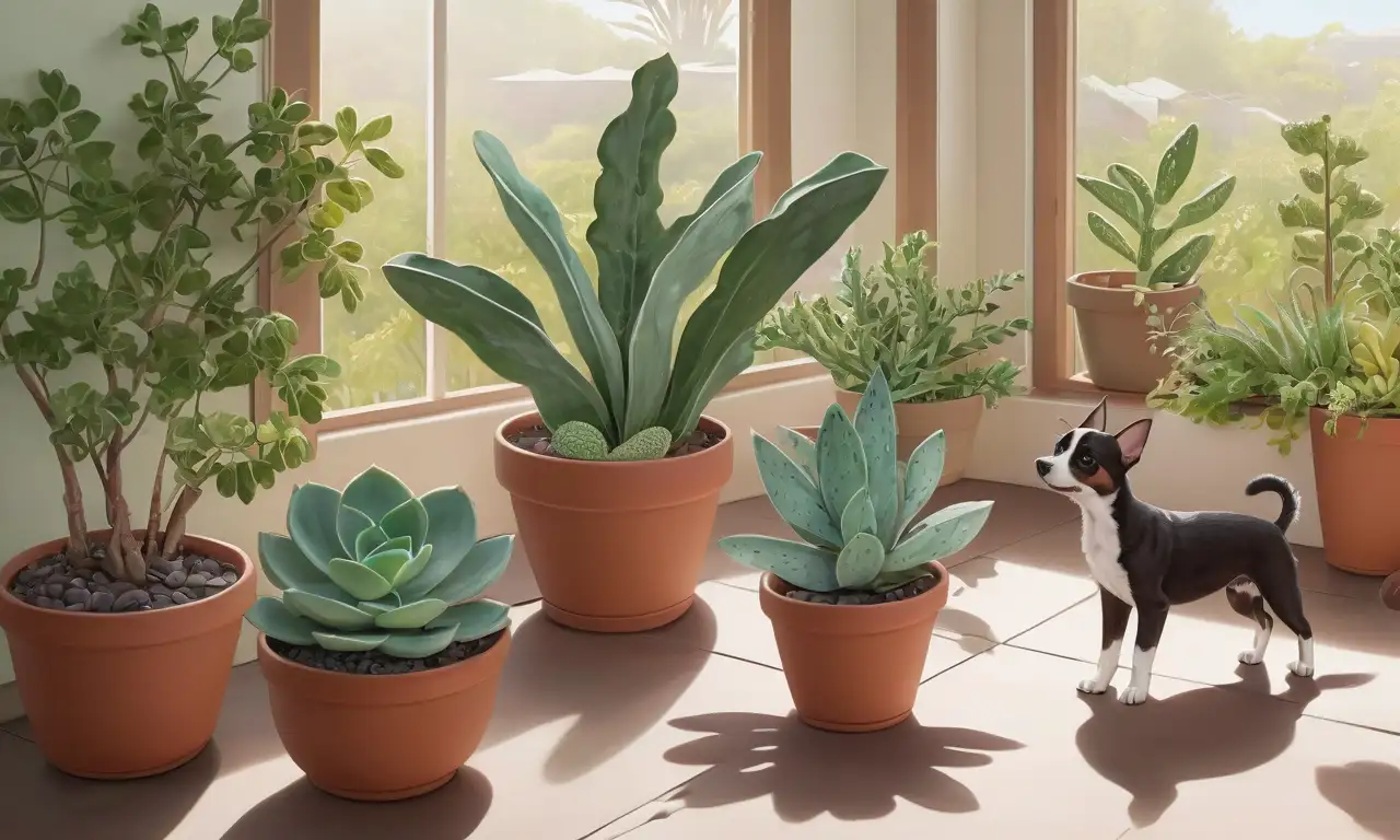 Escena doméstica acogedora con plantas, un perro juguetón y juego de luces y sombras