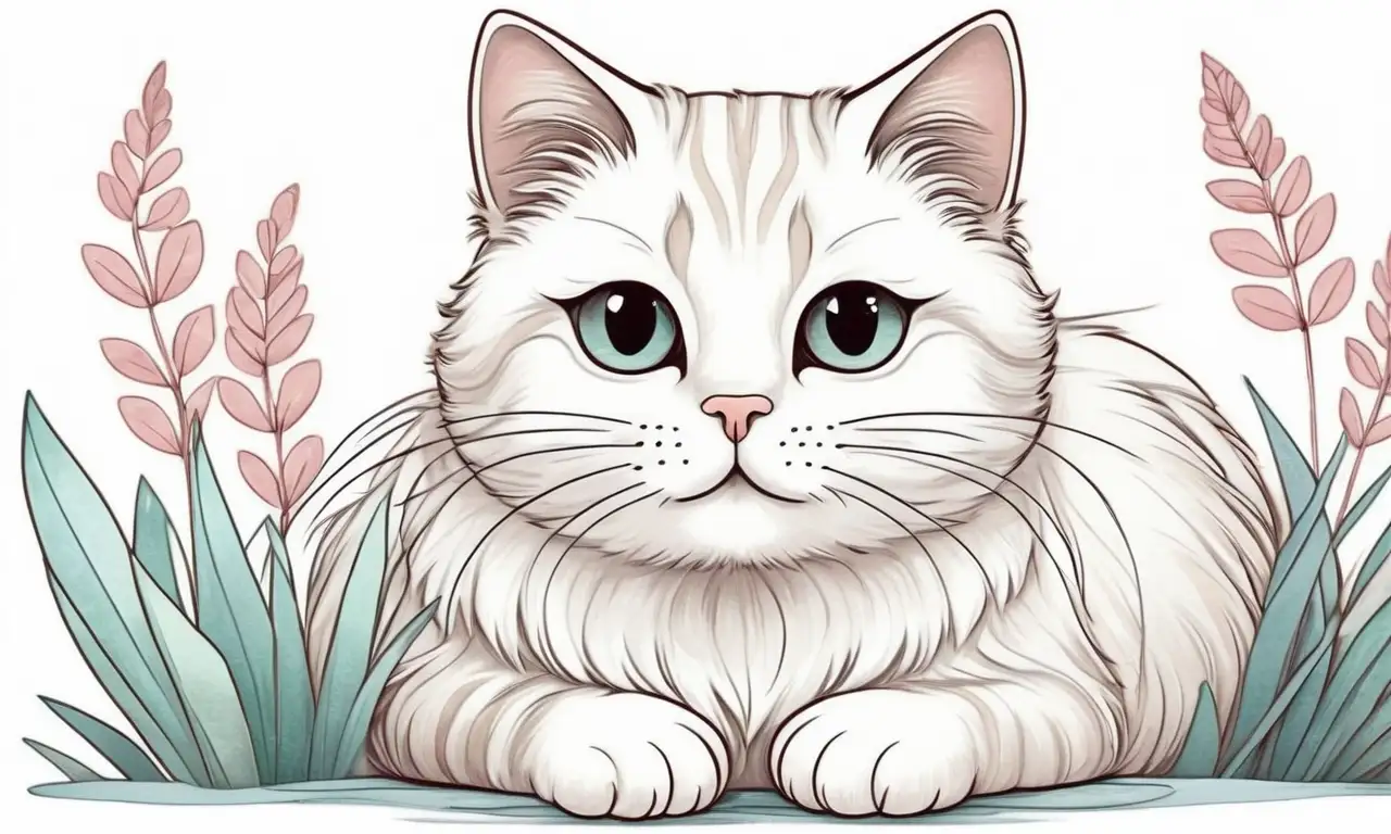 Un gato preocupado con pelaje suave y detalles intrincados se sitúa contra un fondo de colores pasteles y texturas contrastantes