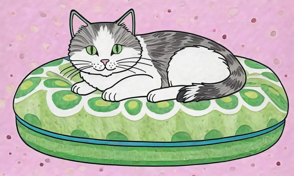 Un gato juguetón sobre un cojín colorido en una atmósfera acogedora