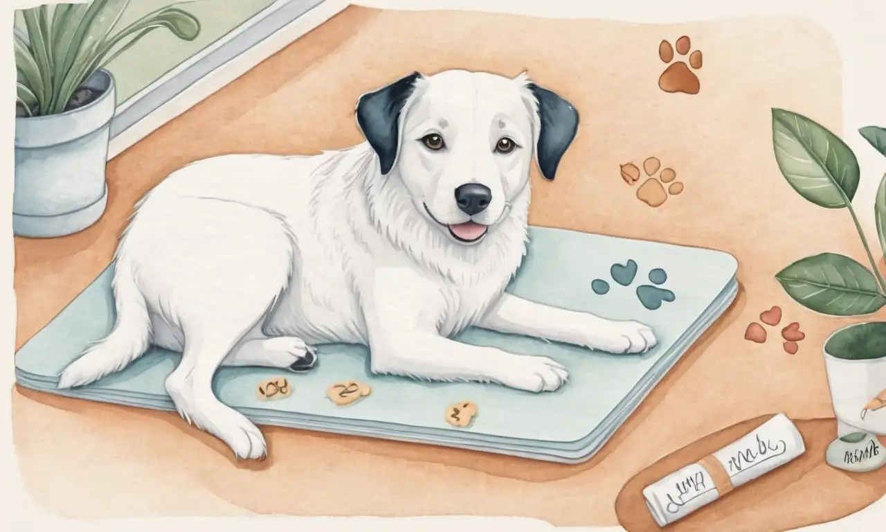Una ilustración suave y caprichosa con un perro, un veterinario y elementos naturales en tonos pastel