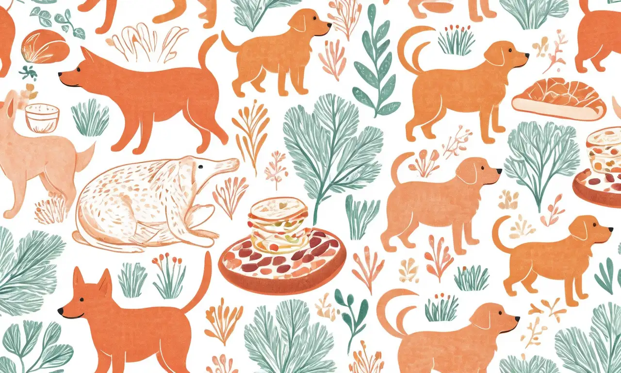 Una escena vibrante con un perro detallado y comida ilustrada, usando tonos cálidos y texturas atractivas
