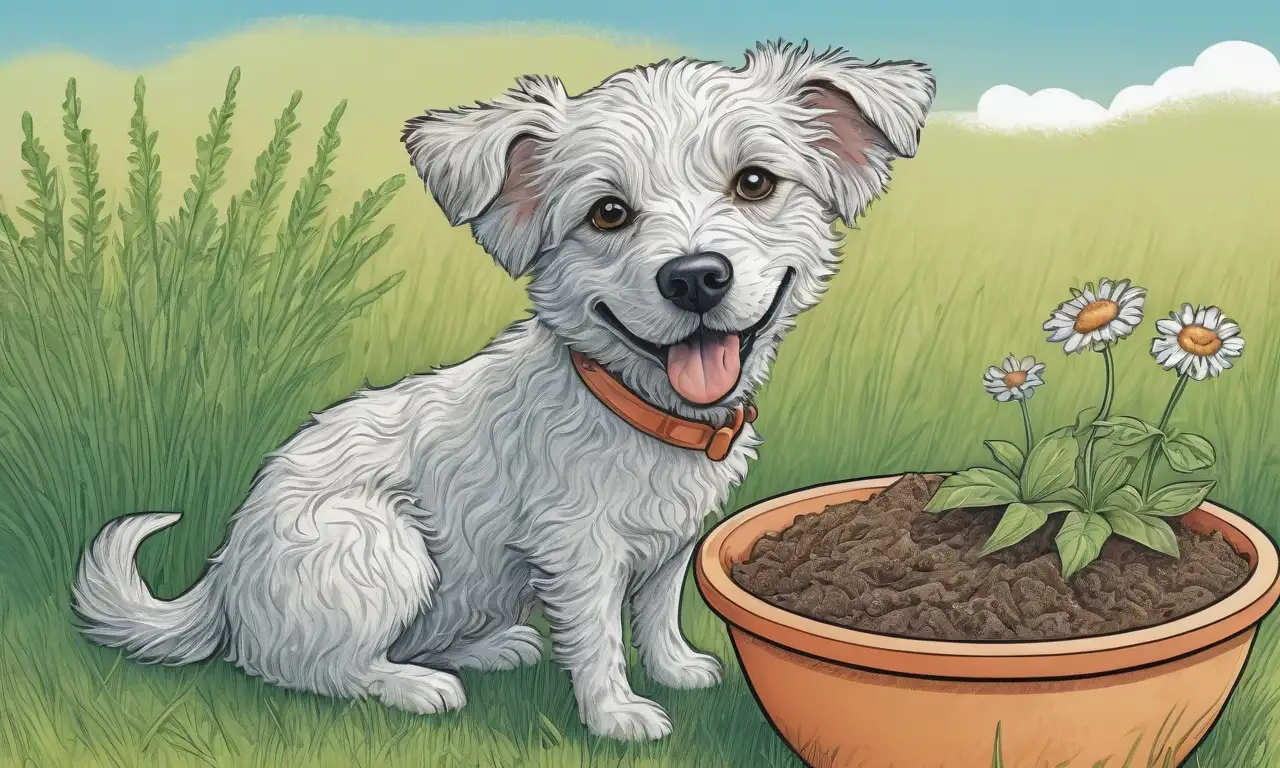 Un perro preocupado sobre un manto texturizado, con un remedio natural a su lado y un cielo azul arriba