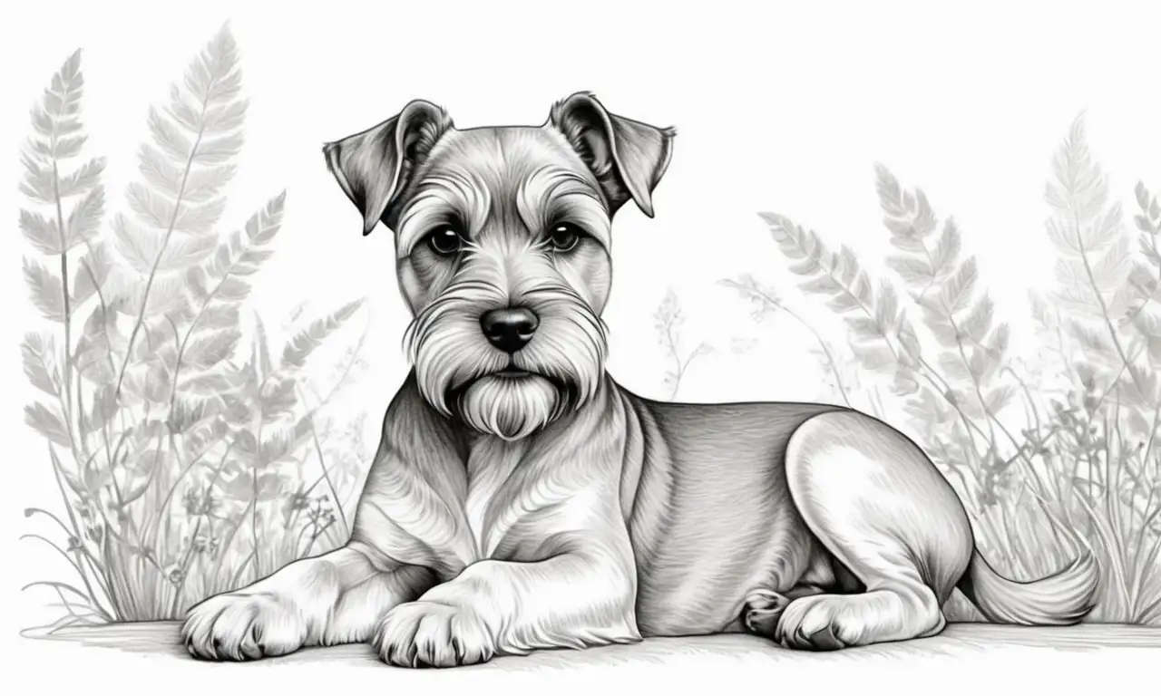 Dibujo detallado de un Schnauzer en un entorno acogedor con cachorros
