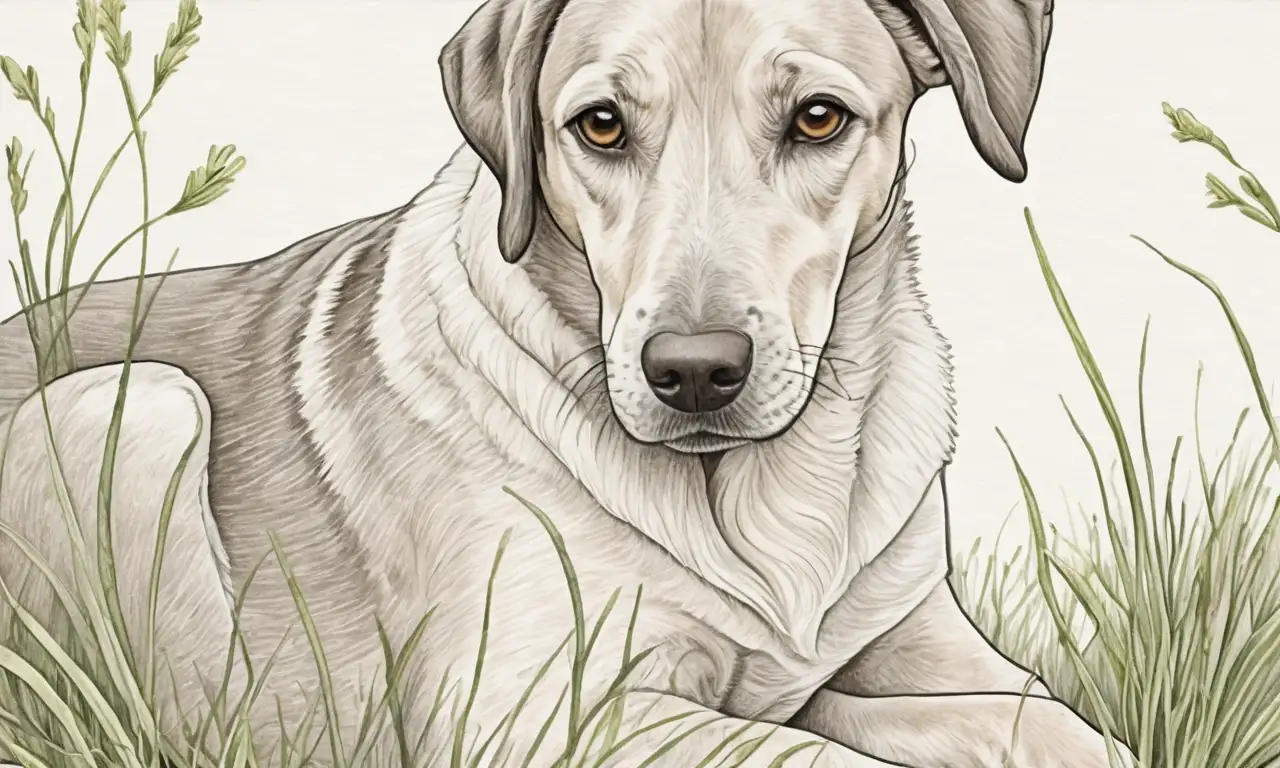 Un perro curioso es retratado con líneas suaves, texturas ricas y detalles delicados que resaltan su sanación