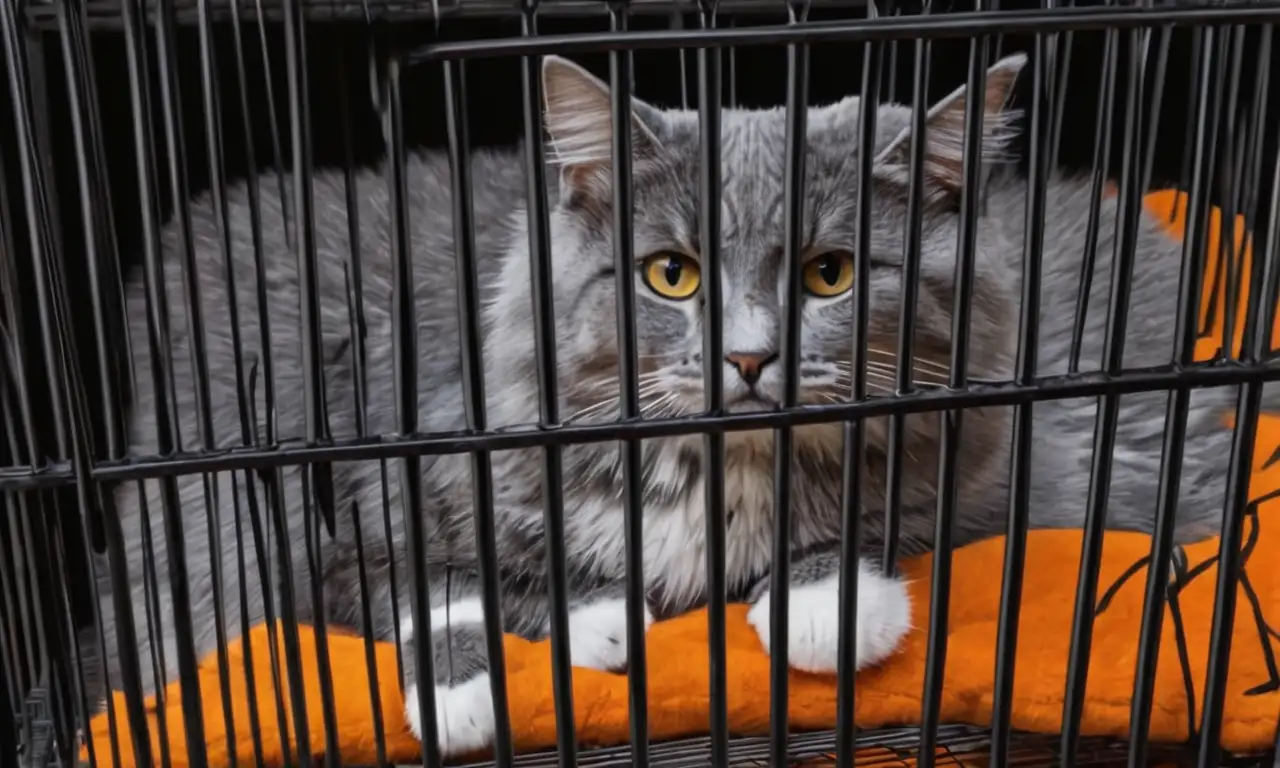 Un gato vibrante y alerta en una jaula intricadamente detallada, fusionando realismo y estilización