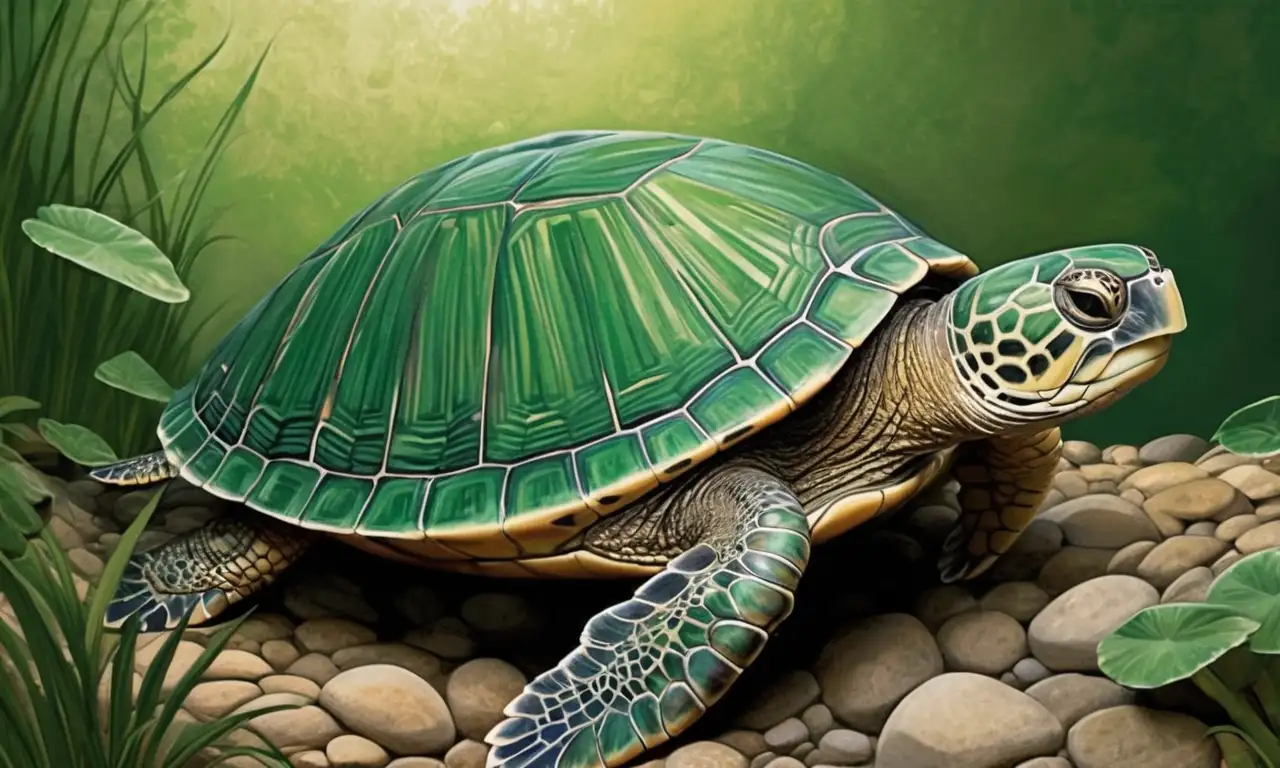 Un paisaje sereno con tonos terrosos, una tortuga en un entorno detallado y natural