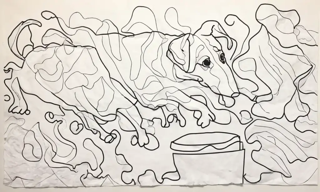 Un perro curioso juega con papel higiénico disperso en un fondo de baño cargado de colores y texturas